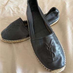 Saint Laurent Black Leather Espadrille Slip-Ons with Embossed Logo